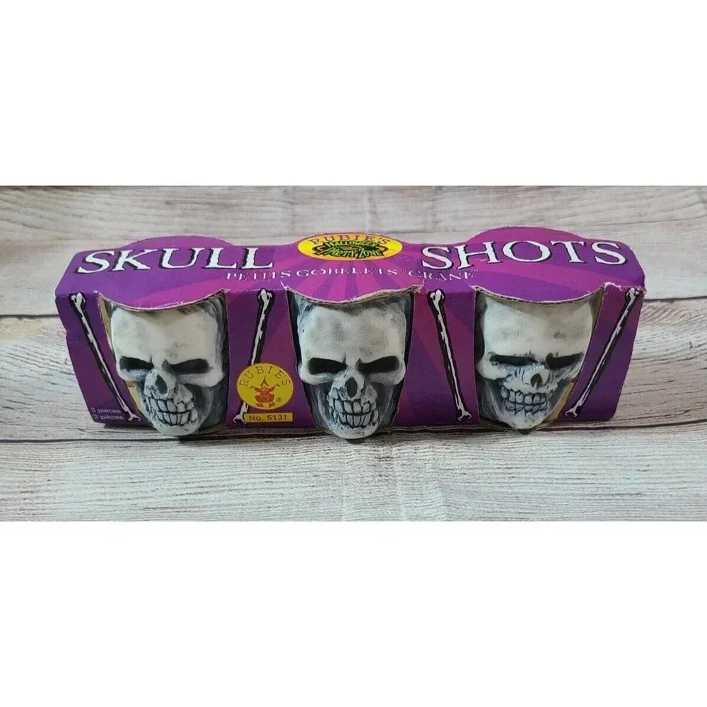 Rubies Halloween Skull Shot Glasses Set of 3 Gray Spooky Barware #5131 New